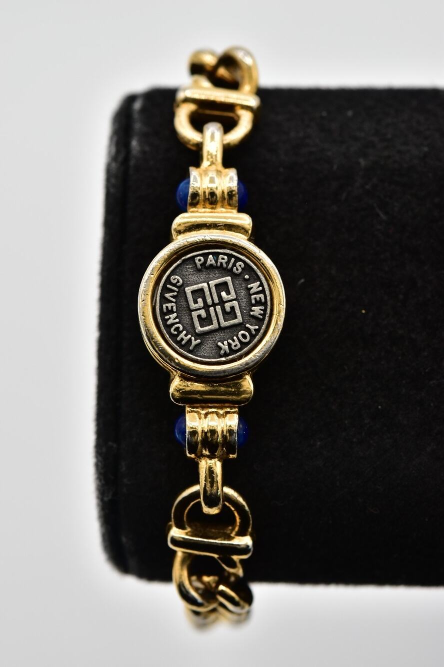 Givenchy Vintage Coin Bracelet Blue Cabochon Gold Chain Runway Signed 80s Bin5